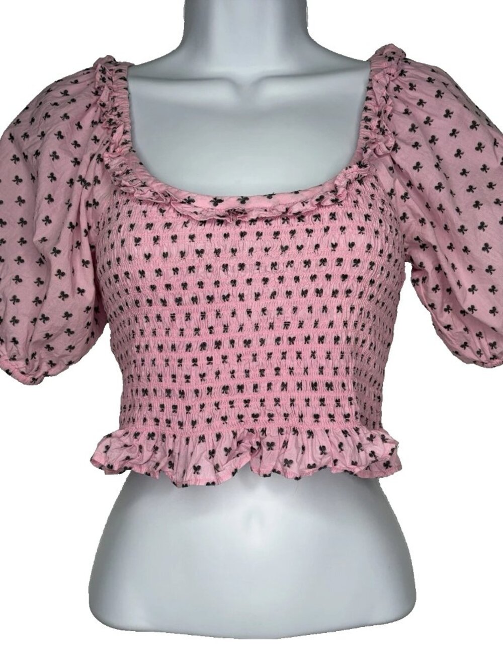 Love Shack Fancy Molly Pink Crop Top Size XXS Bow Print Puff Sleeve Smocked